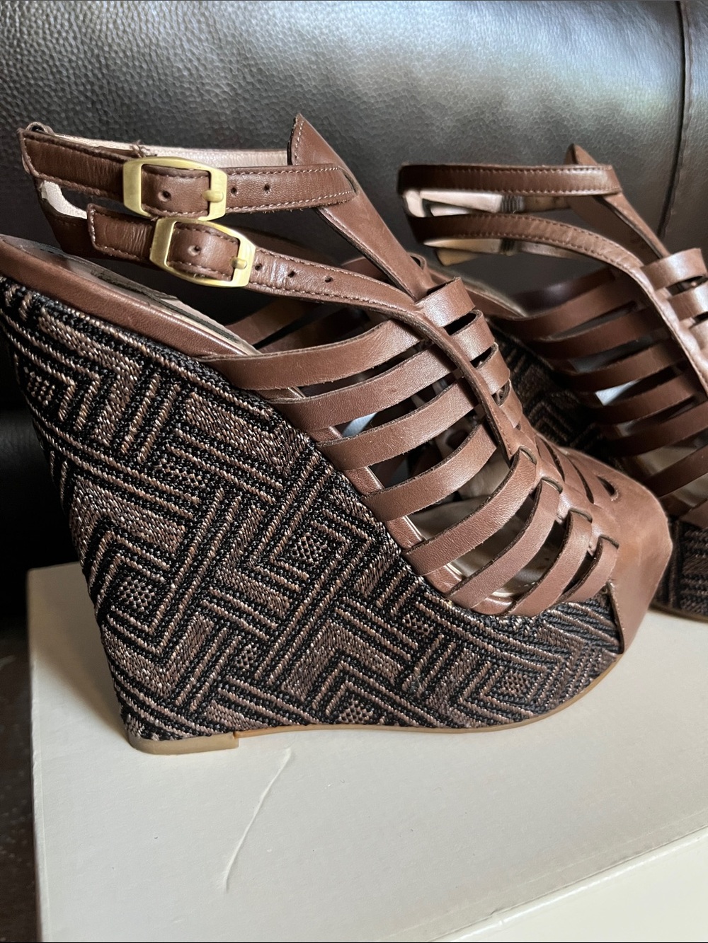 Joan & David Dastephy Brown Leather Caged Wedge Sandal Embroidered Platform